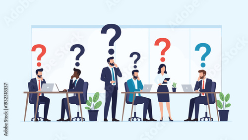 Business team working at their desks with large colorful question marks floating above their heads to represent confusion or seeking answers.