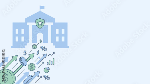 Vector illustration of government building with financial symbols emerging from shield