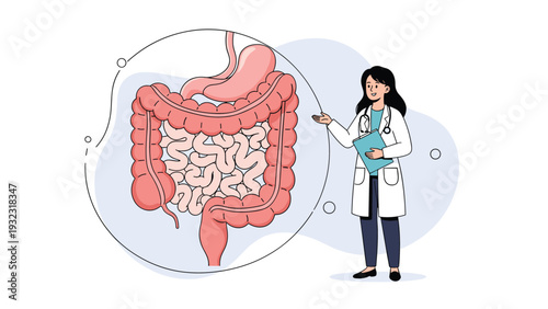 Female doctor in a lab coat standing next to a large circular diagram of the human digestive system including stomach and intestines.