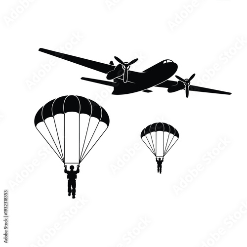 Black silhouette of an airplane with parachutists descending below