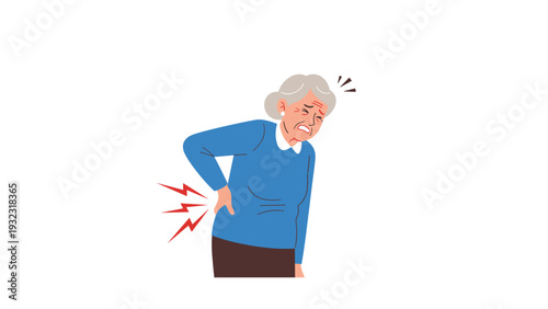 Senior woman suffering from severe lower back pain holding her waist with a pained facial expression on white background.