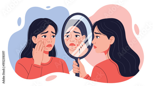 Sad young woman looking at her face reflection in a hand mirror deeply worried about skin problems and persistent acne breakouts.