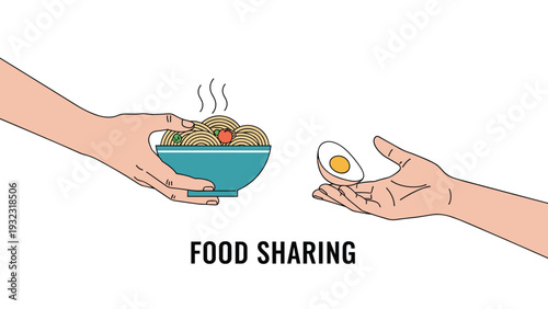 Two hands sharing food by passing a bowl of noodles and half of a boiled egg with the text food sharing below.