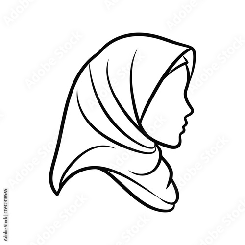 Muslim Woman Hijab Vector Icon – Black Line Art Profile Illustration for Islamic Design