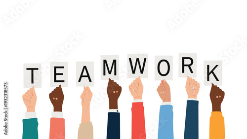 Diverse raised hands holding individual white cards that spell out the word teamwork against a plain white background.