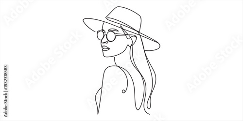 Continuous line drawing of a stylish woman wearing a wide brimmed hat and sunglasses. Vector, illustration