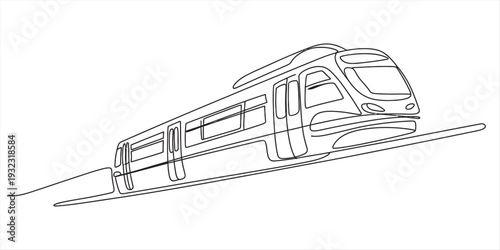 Minimalist line drawing of a modern passenger train or subway car traveling on a track Vector, illustration