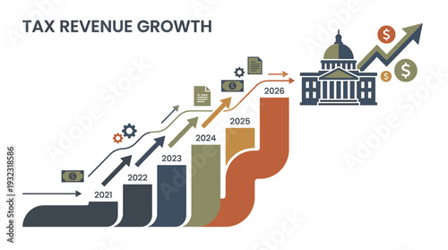 Vector Illustration of Tax Revenue Growth with Ascending Bar Graph and Financial Icons