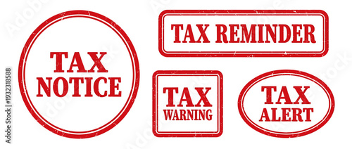 Vector Red Tax Stamps Collection with Tax Notice and Alert Seals in Horizontal Row