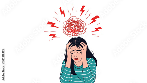 Young woman holding her head in distress with messy red lines and lightning bolts above symbolizing a headache or stress.