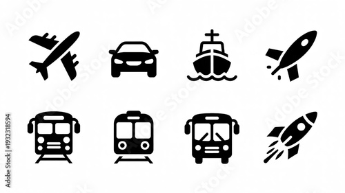 A Set of Eight Black Transport Icons Featuring Airplane, Car, Boat, Rocket, Train, Subway and Bus