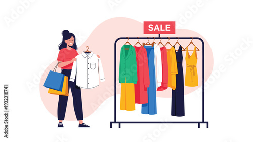 Happy young woman holding a white shirt and shopping bags in a clothing store with a sale sign on a garment rack.