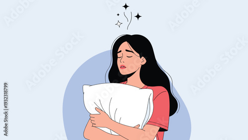 Depressed young woman hugging a white pillow with a sad facial expression and dark grey scribbles above her head.