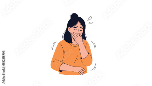 Sick young woman feeling nauseous and covering her mouth with her hand looking pale and distressed on white background.
