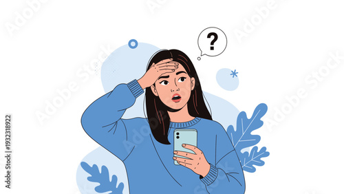 Young woman looking at her smartphone with a confused expression and a question mark in a speech bubble above her head.