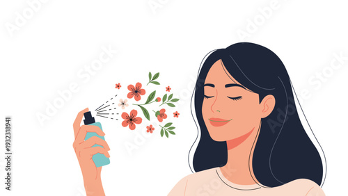 Young woman closing her eyes and smiling while spraying fragrant perfume with floral scents coming out from the glass bottle.