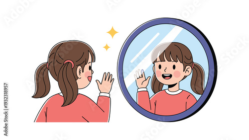 Happy little girl with pigtails waving at her reflection in a round mirror with sparkles around it on white background.