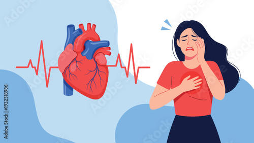 Young woman clutching her chest in pain with a large human heart illustration and a heartbeat line in the blue background.