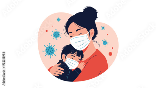 Mother hugging her small child while both wear protective face masks surrounded by virus icons in the background.