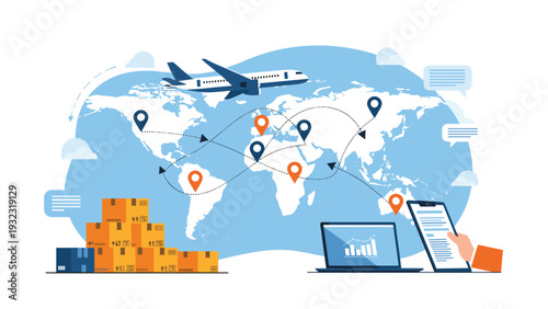Plane flying over a blue world map with delivery pins and a person tracking shipments on a laptop and a digital tablet.