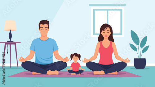 Father mother and small daughter sitting on a yoga mat in lotus pose meditating together in their peaceful living room.