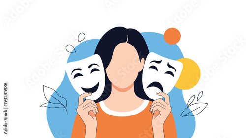 Woman holding two theater masks showing happy and sad expressions representing mood swings or bipolar disorder.