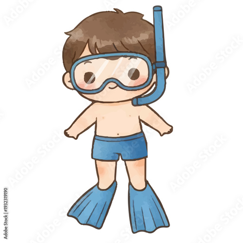 Funny cartoon genius scientist boy with glasses smiling vector illustration swimming