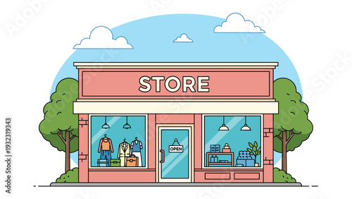 Exterior view of a modern retail store building design with large windows, trees, and blue sky with clouds in flat vector style.