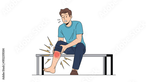Man sitting on a gym bench holding his lower leg in pain with a red glowing spot indicating a sports injury or muscle cramp.