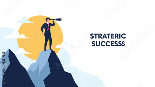 Successful businessman standing on a mountain peak looking through a telescope towards strategic success with a bright sun.