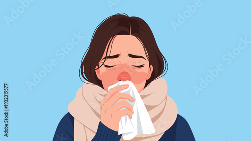 Woman suffering from a common cold or flu symptoms blowing her nose into a tissue while wearing a warm winter scarf.