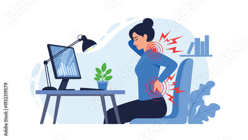 Female worker experiencing neck and back pain while sitting at a computer desk in an office environment with ergonomic issues.