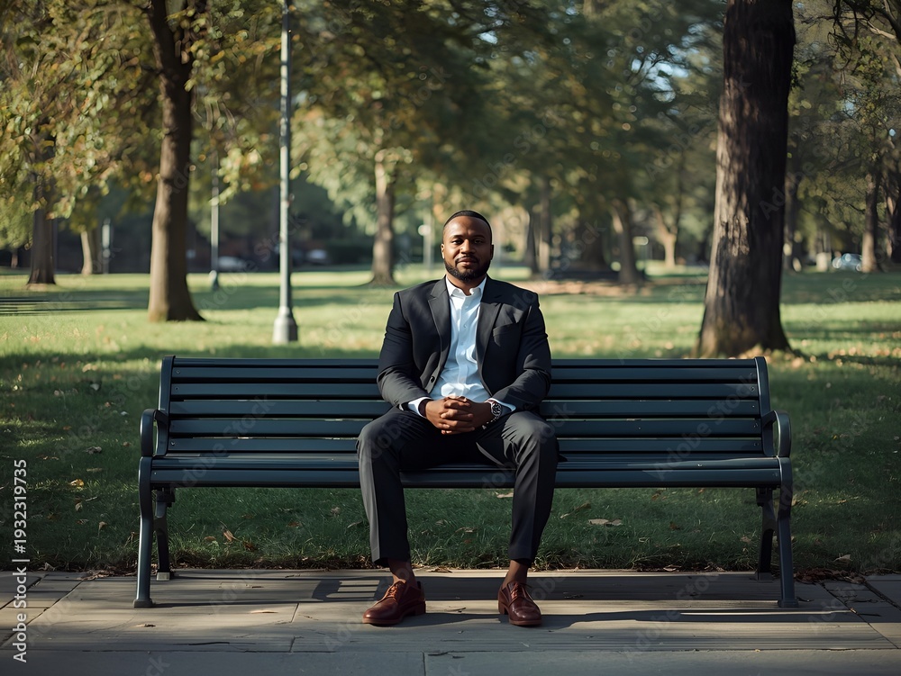 Obraz premium Professional businessman relaxing on park bench with smartphone in green urban oasis