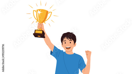 Joyful young boy in a blue shirt cheering and holding a gold trophy high in the air to celebrate his victory or win.