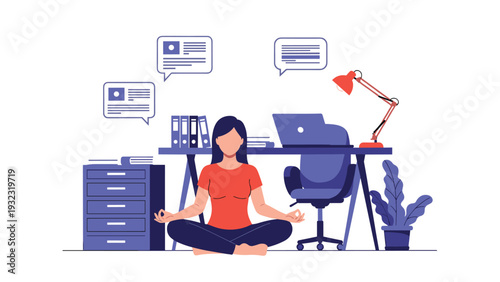 Busy businesswoman practicing meditation in a lotus pose at her office desk to manage work stress and find inner peace.