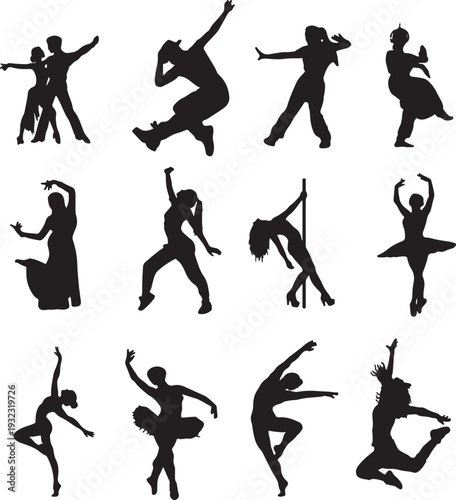 A collection of silhouettes showcasing various ballet dance poses and movements