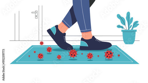 Feet in sneakers walking over a disinfecting mat with virus icons to prevent the spread of germs and infections.