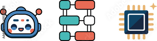 Artificial intelligence concept featuring cute chatbot robot icon, neural network diagram, and microchip processor symbols representing machine learning, automation, and smart digital technology