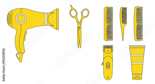 Hairdresser Tools Collection: Hairdryer, Scissors, Combs, Clipper, Tube