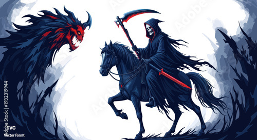 Grim Reaper on Horseback Battles Red Dragon Monster