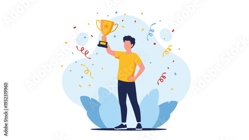 Joyful winner holding a gold trophy cup with colorful confetti falling around him to celebrate success and victory.