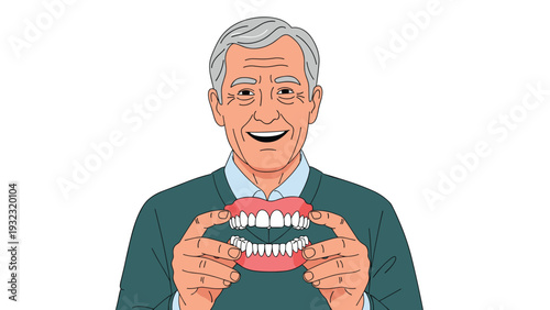 Happy elderly man smiling while holding a set of dentures, showcasing dental health and tooth replacement solutions.