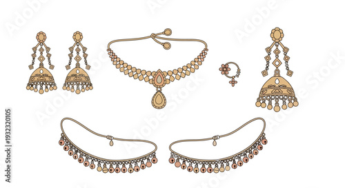 A detailed illustration of ornate gold jewelry including earrings a necklace and anklets on transparent background silhouette high quality