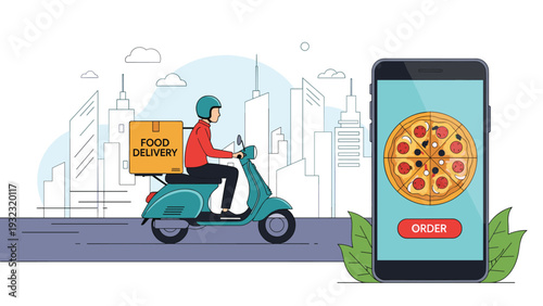 Fast food delivery courier on a scooter in a city with a smartphone app showing a pizza order for quick service.
