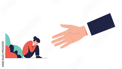 Large helping hand reaching out to support a sad woman curled up on the ground, representing mental health support.
