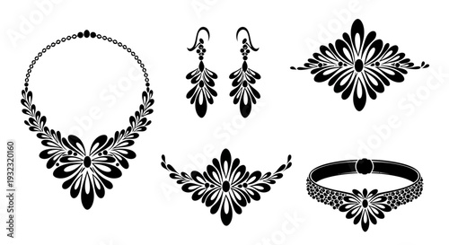 Elegant jewelry collection featuring a necklace earrings and bracelet in a striking silhouette on transparent background high quality professional