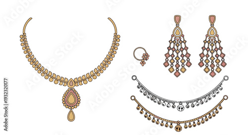 Detailed jewelry design sketches featuring a necklace earrings and a bracelet on transparent background silhouette high quality professional detailed