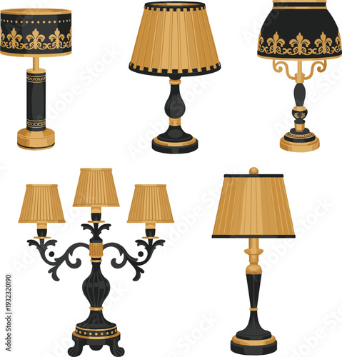 Black and gold vintage lamp collection with ornate patterns elegant table lighting realistic isolated vector illustration set