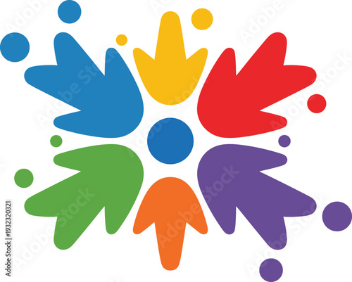 Colorful community teamwork logo showing diverse people forming a circle, unity and collaboration concept symbolizing inclusion, partnership, social connection, support network, and cooperative group