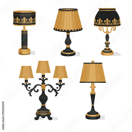 Vintage ceramic table lamps with floral patterns and fabric shades realistic elegant interior decor vector illustration set